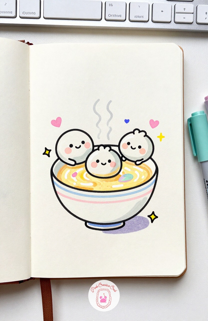 Dumpling Family Bathing in Soup — Dumpling Family Bathing in Soup turns one character into three, so plan the composition before you outline anything. Kawaii