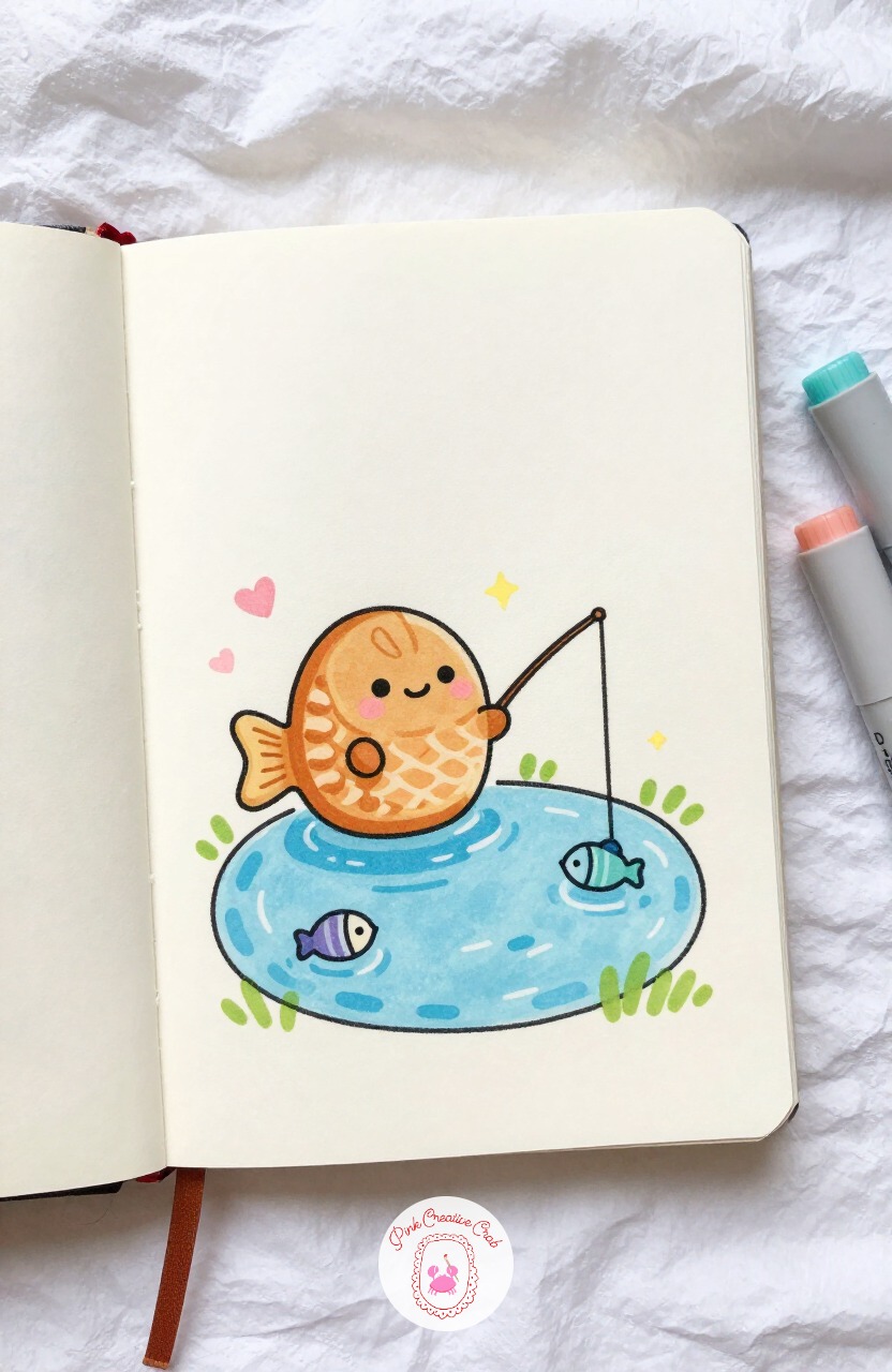 Taiyaki Fishing From a Pond — Taiyaki Fishing From a Pond gives you a chance to practice a light source for the first time in this list. Kawaii sketchbook