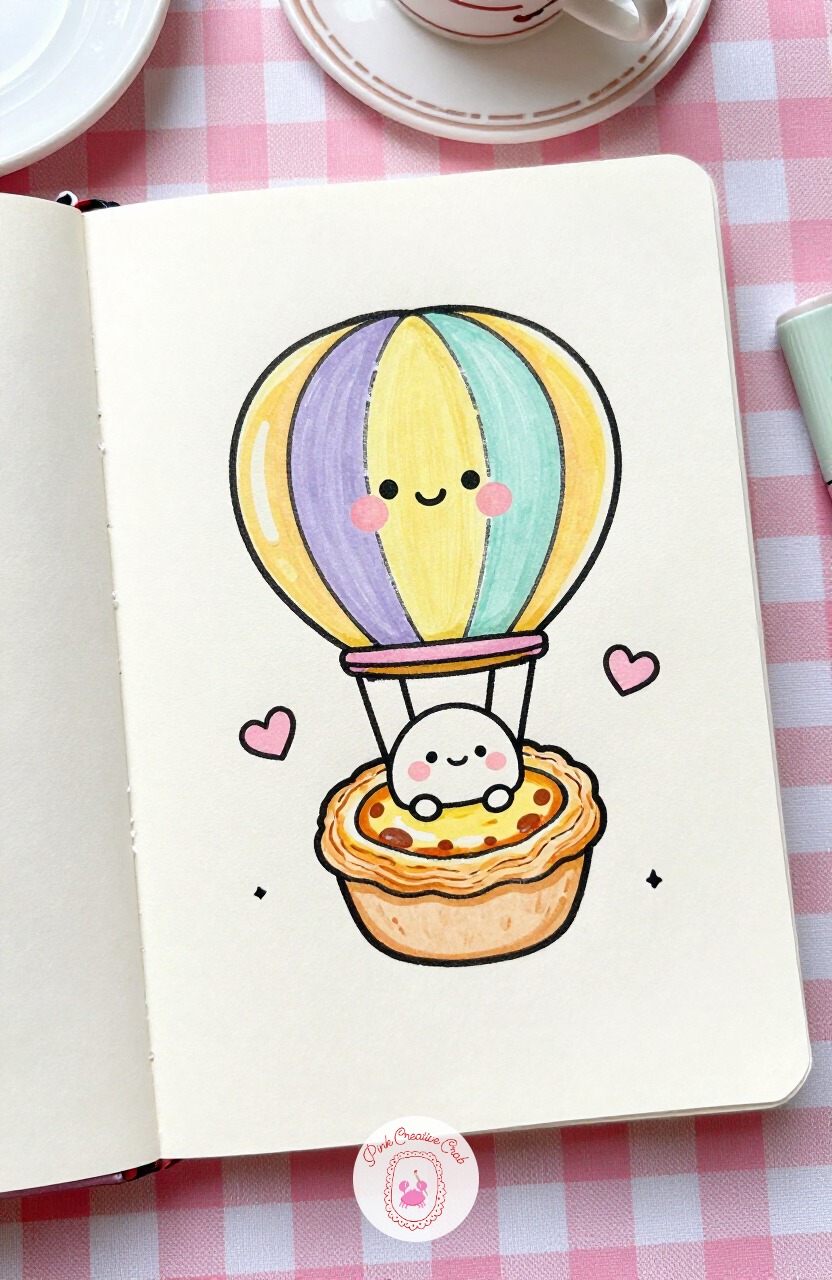 Egg Tart Hot Air Balloon Ride — Egg Tart Hot Air Balloon Ride works best on thicker paper, since the fluted crust edge needs several short marker strokes close