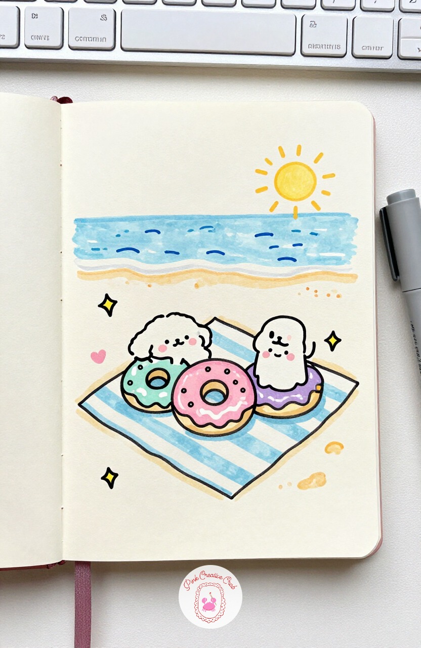 Donut Family at the Beach — Donut Family at the Beach is a nice one to vary once you have drawn a few of these characters, since the basic donut shape stays