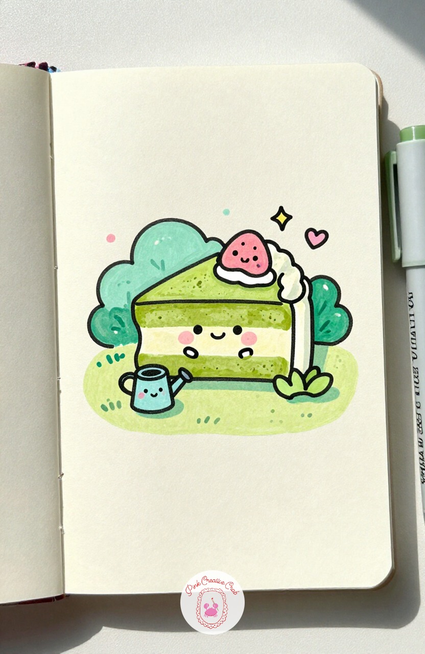 Matcha Cake Slice in a Tiny Garden — Matcha Cake Slice in a Tiny Garden pairs a green dessert with a green setting, so keep two distinct shades of marker on