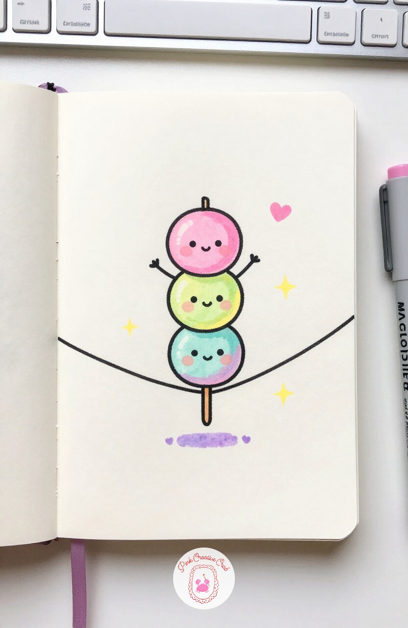 Dango Skewer Balancing on a Tightrope — Dango Skewer Balancing on a Tightrope is a fun test of proportion, since all three dumplings on the stick need to stay