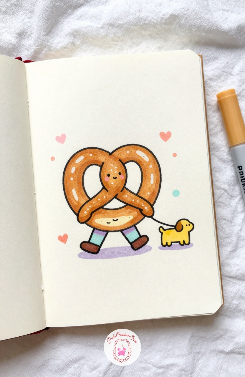 Soft Pretzel Walking a Mustard Dog — Soft Pretzel Walking a Mustard Dog needs its knot shape drawn with care, since the classic pretzel twist is really three