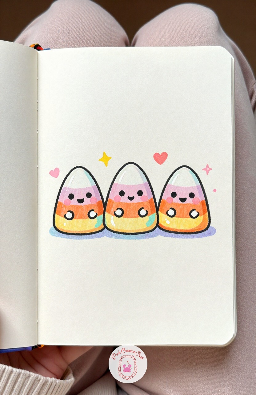 Candy Corn Trio Trick or Treating — Candy Corn Trio Trick or Treating leans on a light fineliner and thin paper being a poor match, since the three stacked