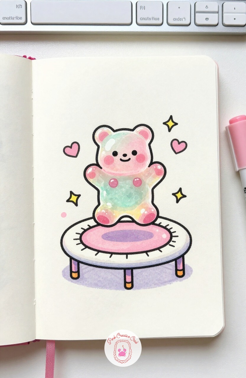 Gummy Bear Bouncing on a Marshmallow Trampoline — Gummy Bear Bouncing on a Marshmallow Trampoline plays with a bright transparent color over a soft white one