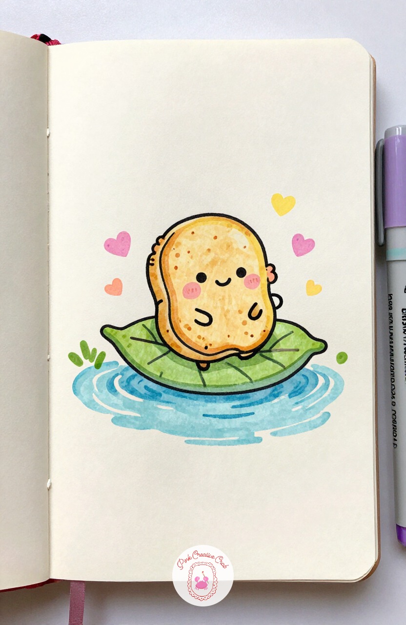 Potato Chip Sailing a Leaf Raft — Potato Chip Sailing a Leaf Raft asks for a light touch with your pencil before inking, since the chip's wavy, ruffled edge is