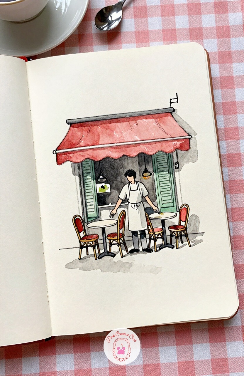 Waiter Setting Out Chairs — Start your paris sketchbook with something small and everyday: a waiter dragging bistro chairs into place before the morning rush