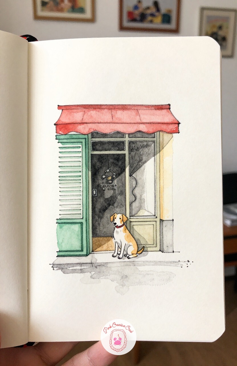 Dog Waiting Outside a Boulangerie — Give yourself a break from people for a moment and sketch a dog waiting patiently outside a boulangerie, leash looped over
