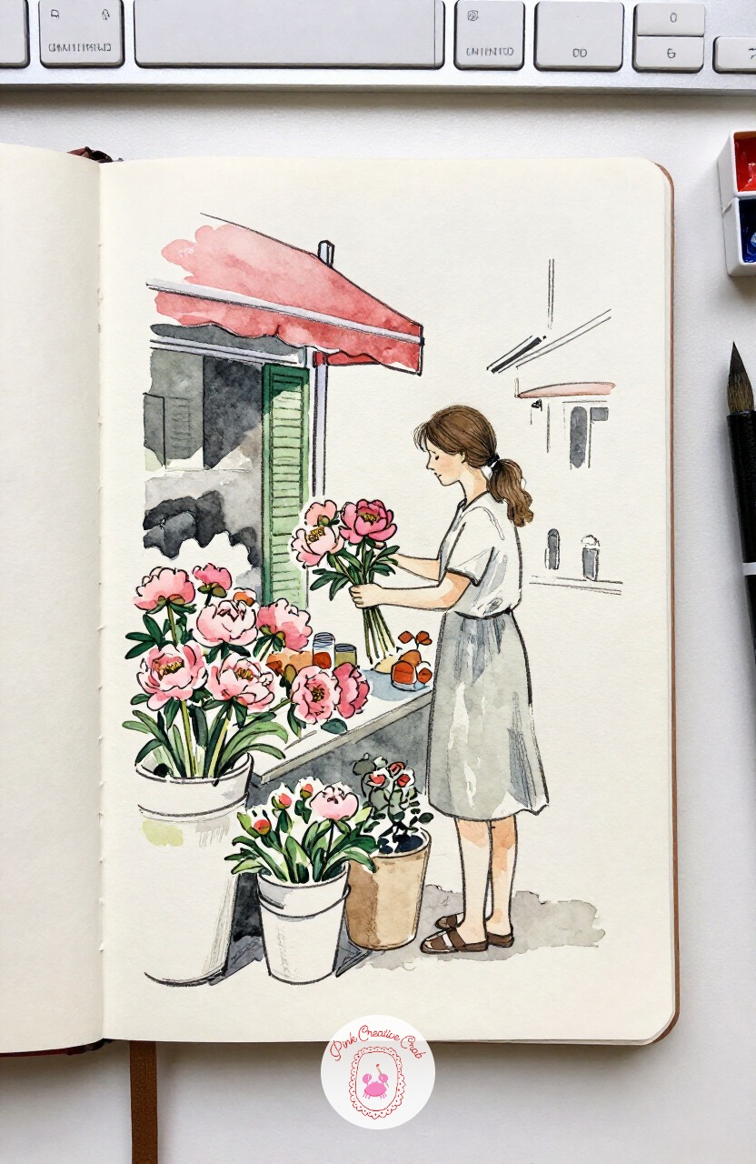 Woman Buying Peonies at a Market Stall — Move from the quiet doorway to the noise of a flower stall, where a woman is choosing a bunch of peonies from a bucket