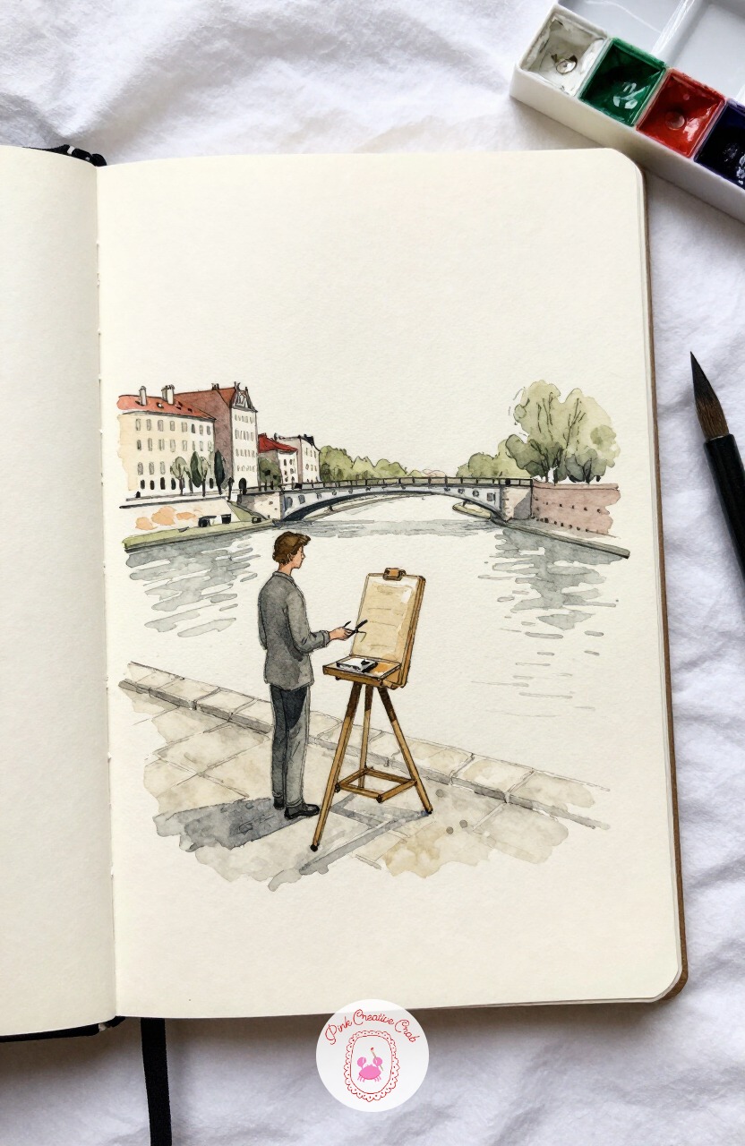 Painter at an Easel by the Seine — Here is a classic paris sketchbook subject, and it earns its place: a painter standing at a small easel along the river