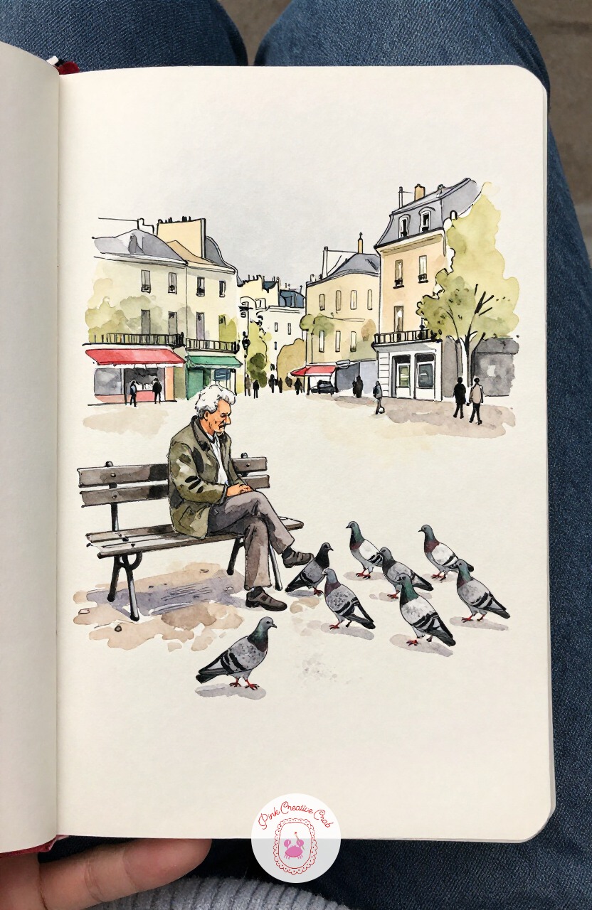 Old Man Feeding Pigeons in a Square — Slow the page down with an old man sitting on a bench, scattering crumbs while pigeons gather at his feet. Paris