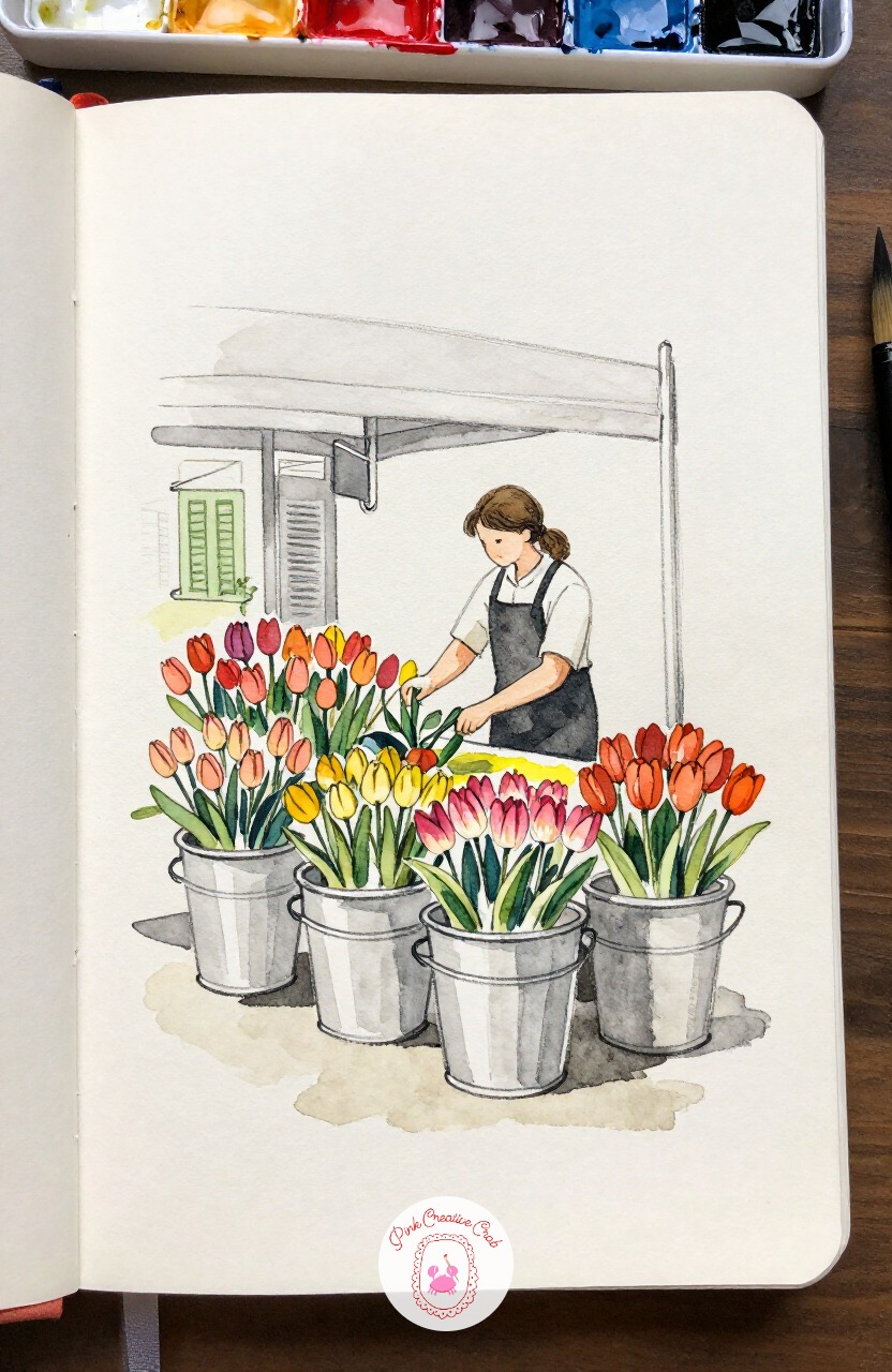 Florist Arranging Tulips in Buckets — Stay near the market a little longer for a florist leaning over rows of tulip buckets, sorting stems by color. Paris