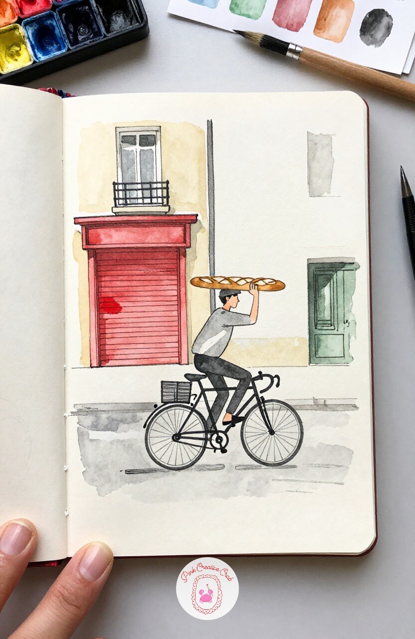 Cyclist Balancing a Baguette — Pick up the pace with a cyclist riding one-handed, a baguette tucked under the other arm like it is nothing unusual. Paris