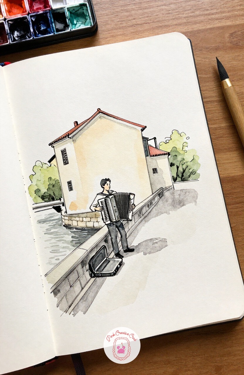 Accordion Player on a Bridge Corner — From pedaling motion to standing stillness: an accordion player planted at the corner of a bridge, case open at his feet