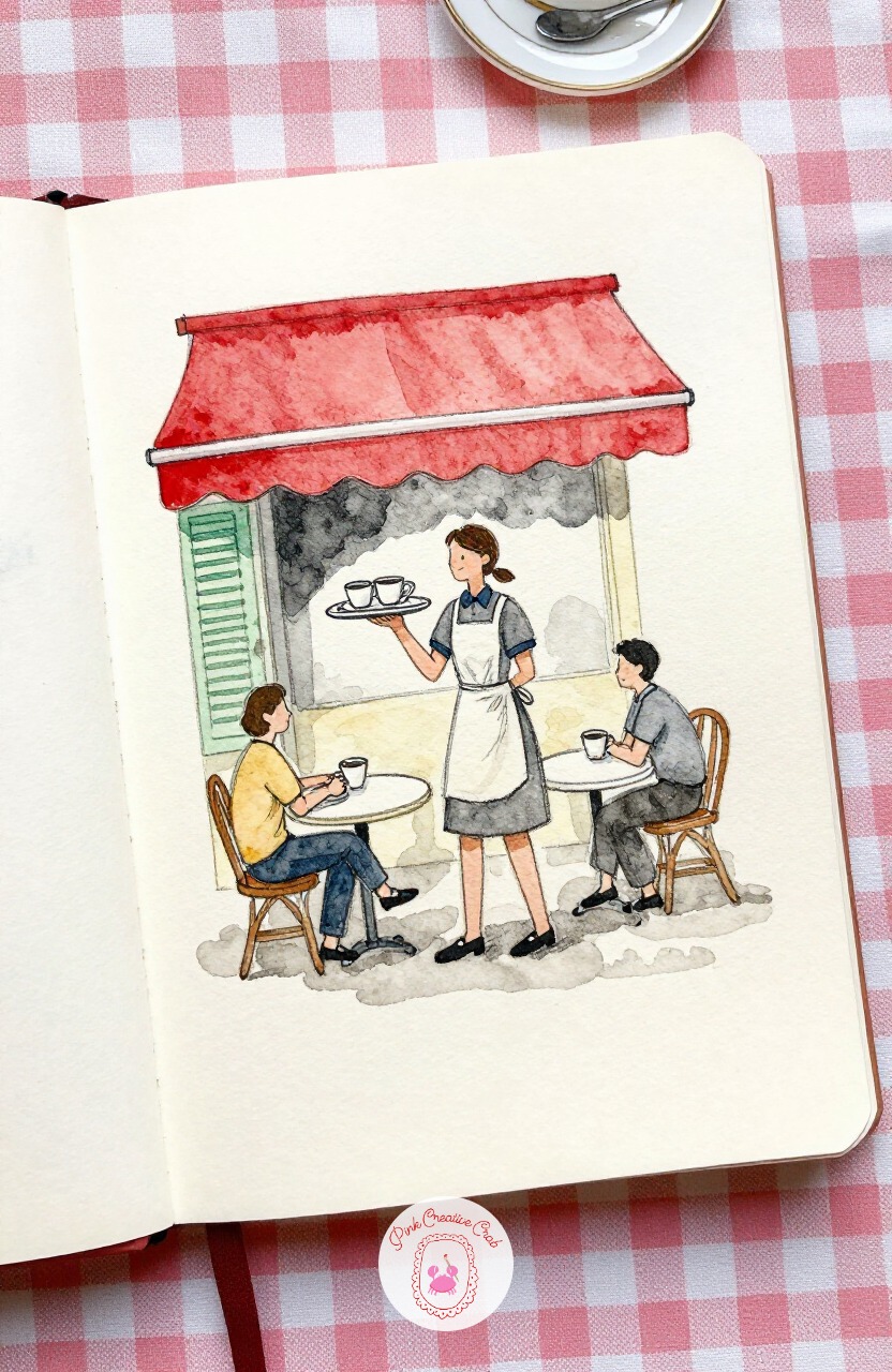 Waitress Carrying a Tray of Coffee Cups — Head back to the cafe for a waitress weaving between outdoor tables with a tray held high. Paris sketchbook