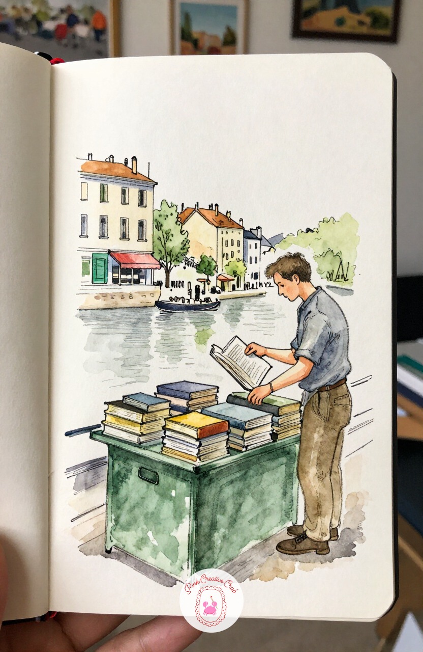 Bookseller Arranging a Riverside Stall — Settle by the river again, this time for a bookseller tidying stacks of old books on a green stall box. Paris