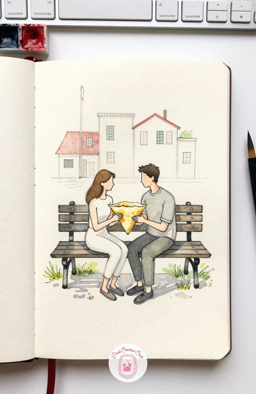 Couple Sharing a Crepe on a Bench — Soften the pace with a couple seated close together on a park bench, sharing one folded crepe between them. Paris sketchbook