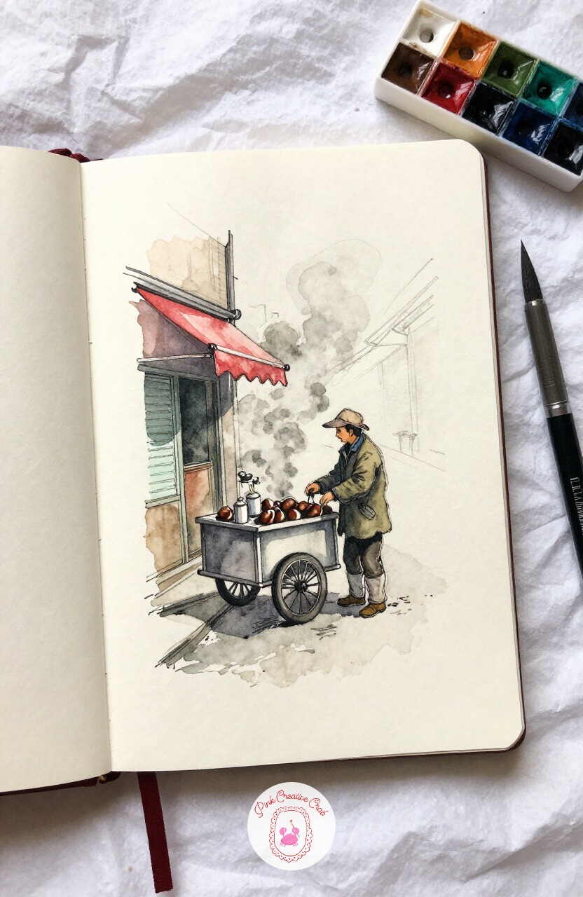 Chestnut Seller by a Smoking Cart — Warm things up with a chestnut seller standing beside his smoking cart on a cold corner. Paris sketchbook