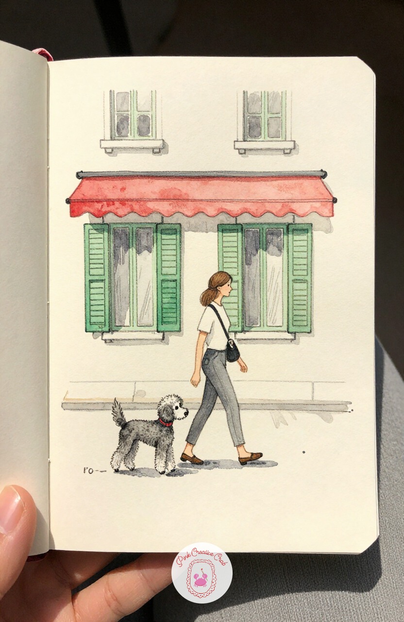 Woman Walking a Poodle Past Shutters — Turn toward a quieter side street where a woman walks a neatly clipped poodle past a row of green shutters. Paris