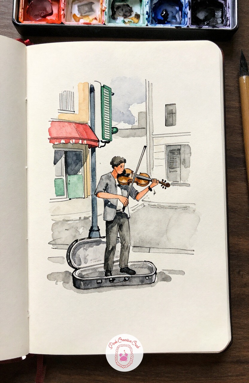 Street Musician Playing a Violin — Give the ear something besides accordion music with a violinist playing just outside a metro entrance, case open at his