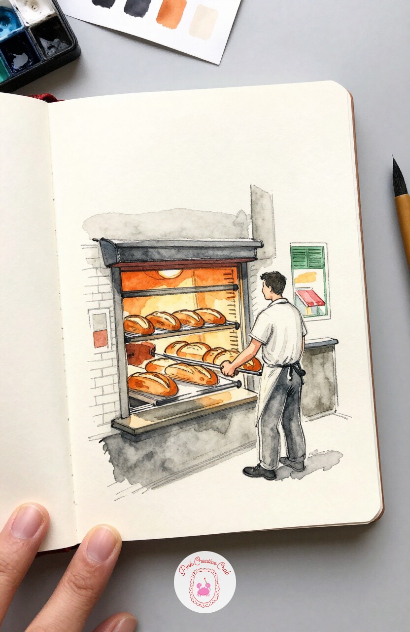 Baker Sliding Loaves From an Oven — Step inside a boulangerie doorway to catch a baker sliding a long paddle of loaves from the oven. Paris sketchbook