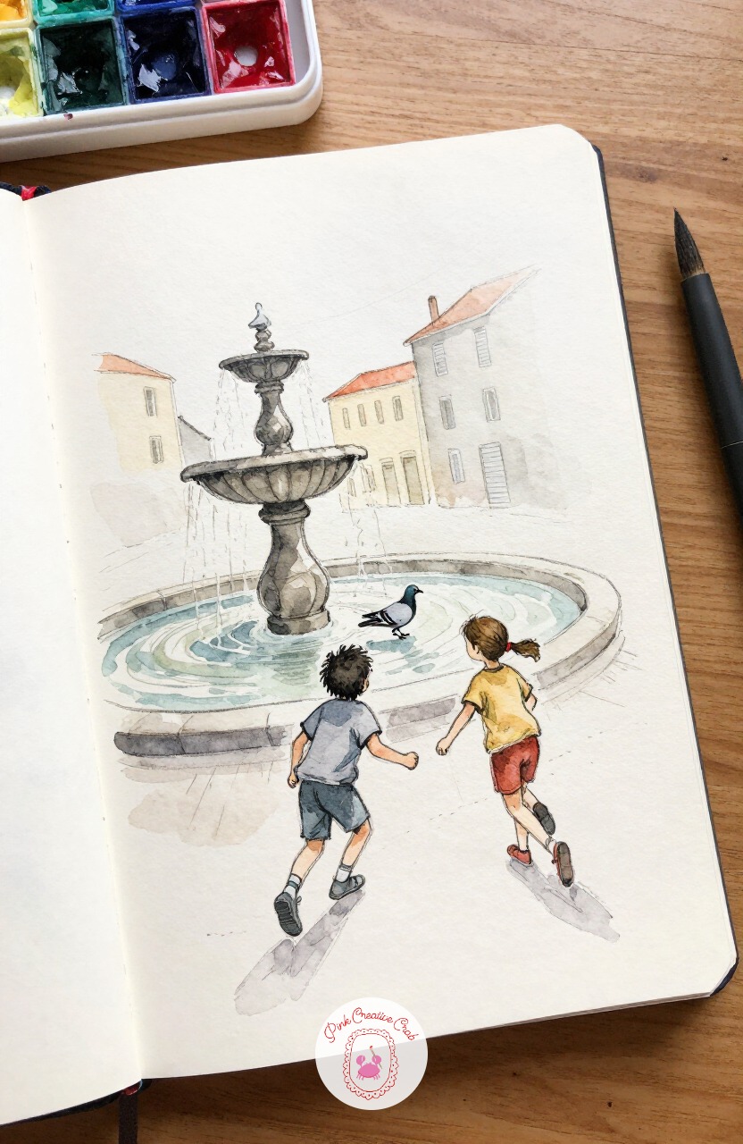 Children Chasing a Pigeon Near a Fountain — Bring some motion back with two children dashing after a startled pigeon near a stone fountain. Paris sketchbook