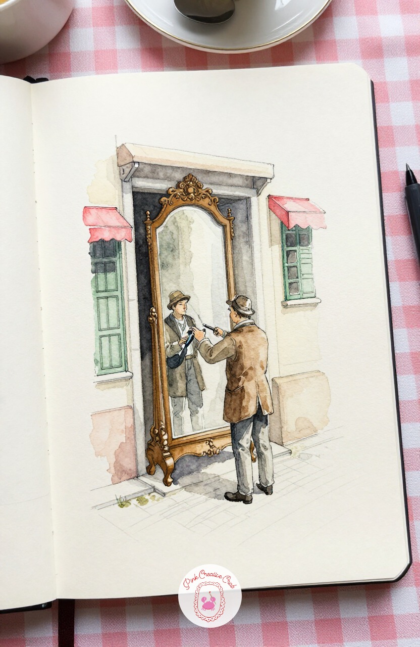 Antique Dealer Polishing a Mirror — Duck into a narrow antiques shop doorway where a dealer polishes an ornate standing mirror out on display. Paris sketchbook