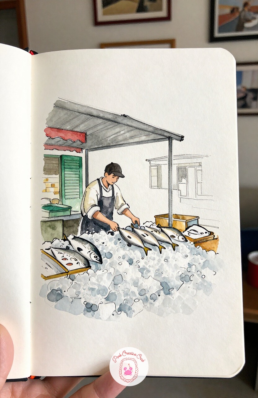 Fishmonger Arranging Ice and Catch — Cross to a covered market hall for a fishmonger arranging fresh catch over crushed ice at his stall. Paris sketchbook