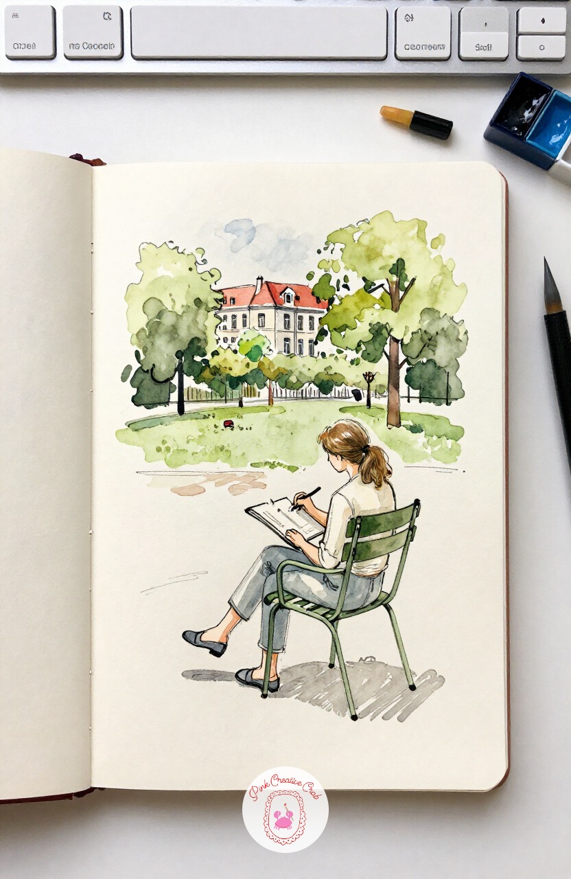 Student Sketching in the Tuileries — Turn the gaze inward with a fellow sketcher seated on a metal garden chair in the Tuileries, pad balanced on one knee.