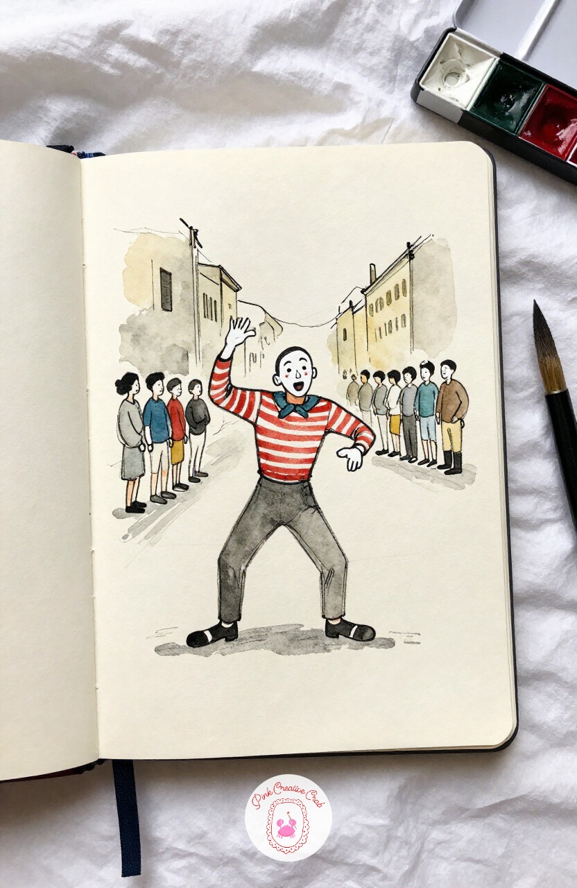 Mime Performer Frozen Mid Pose — Have some fun with a street mime frozen in an exaggerated pose, white face paint catching the light. Paris sketchbook