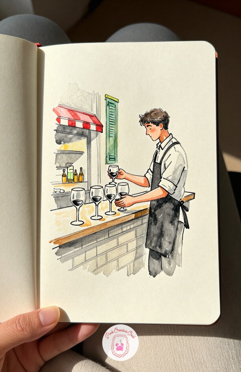 Waiter Polishing Wine Glasses — Return to the cafe counter for a waiter polishing a row of wine glasses before the evening service begins. Paris sketchbook
