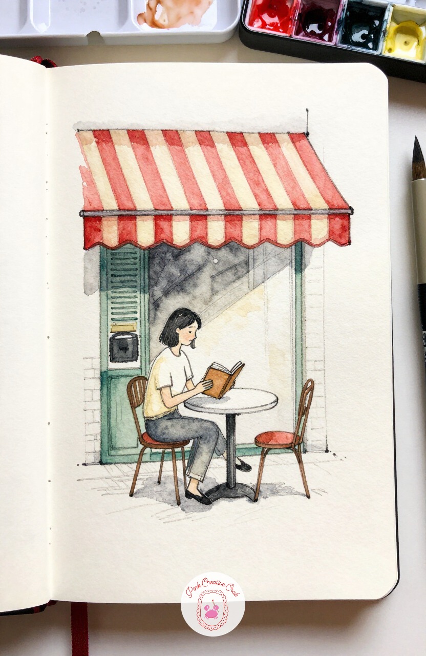 Woman Reading Under a Striped Awning — Slow right down with a woman settled at a small table under a striped awning, lost in a paperback. Paris sketchbook