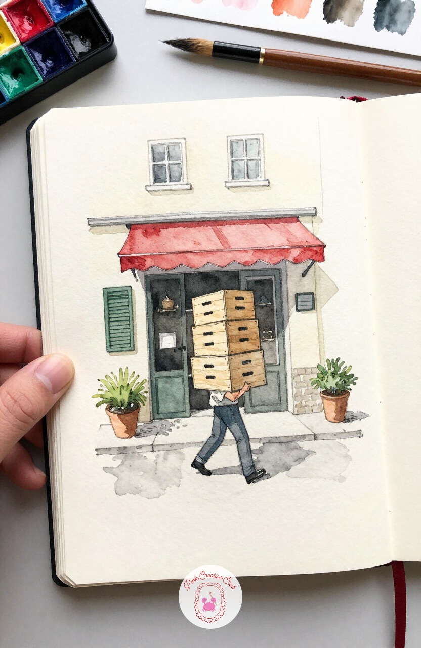 Delivery Man Carrying Wine Crates — Add some weight to the page with a delivery man hauling a stack of wine crates toward a cafe's back door. Paris sketchbook
