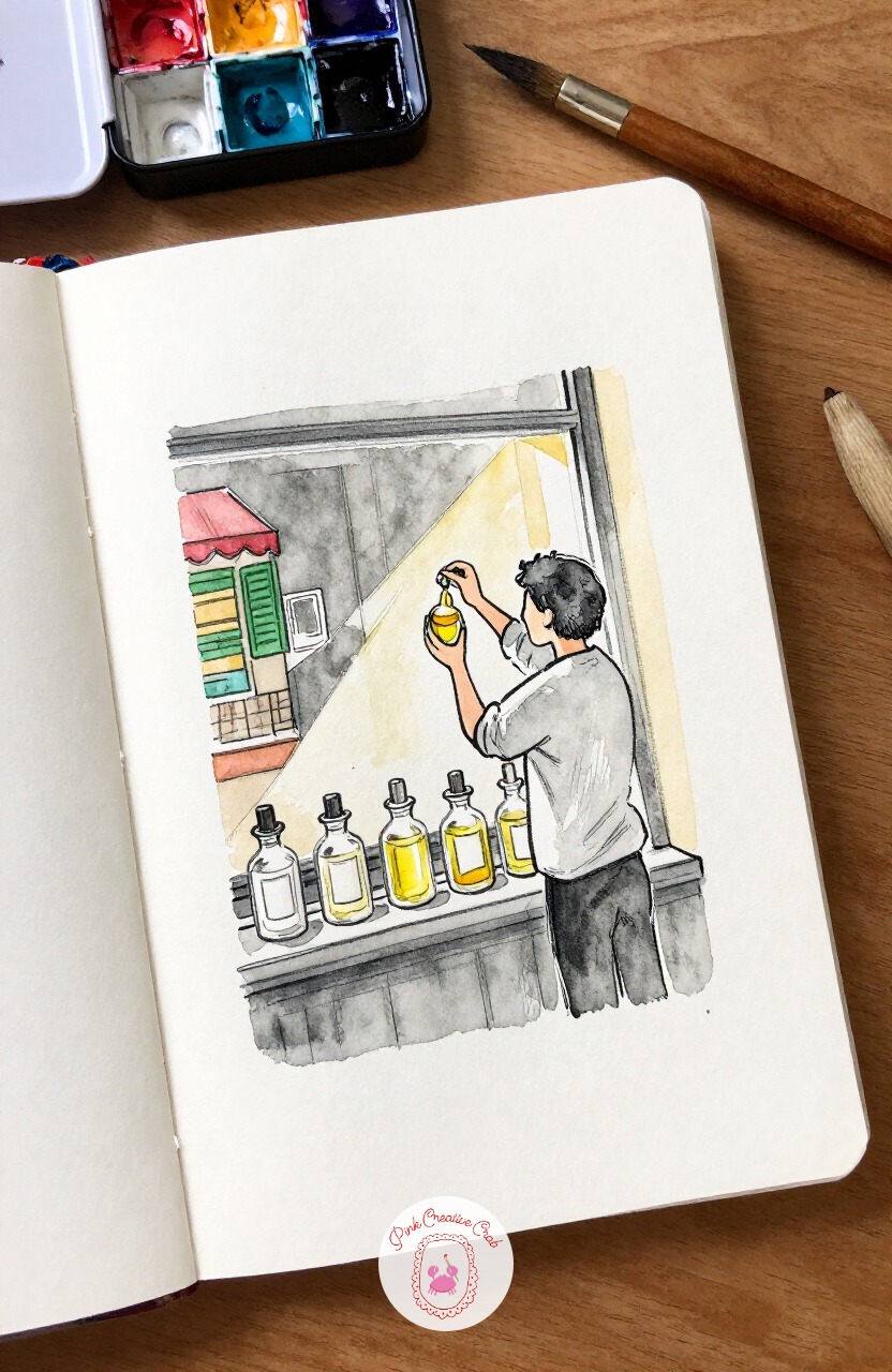 Perfumer Mixing Scents in a Shop Window — Peek into a small perfume shop window where a perfumer measures drops from tiny glass bottles. Paris sketchbook