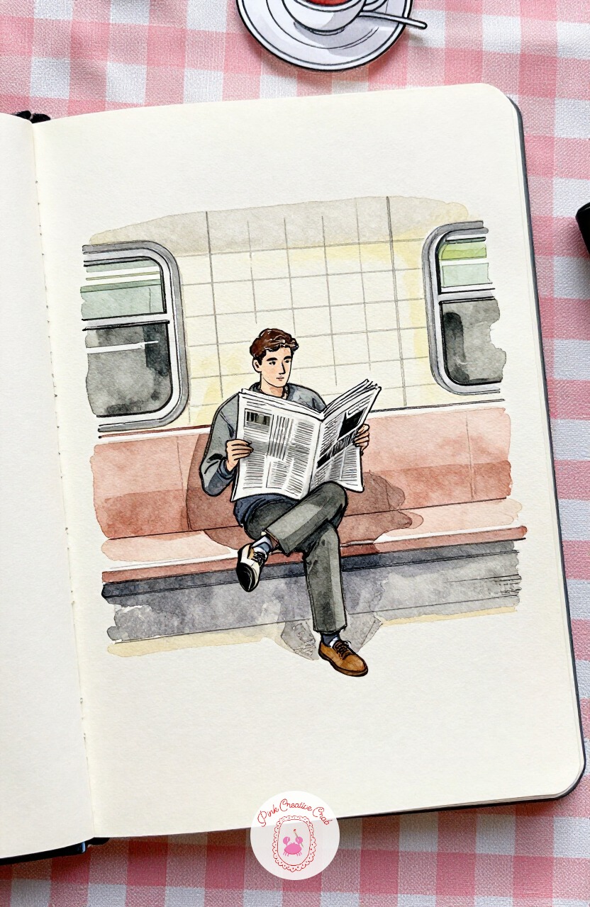 Man Reading a Newspaper on a Metro Bench — Head underground for a change of scene: a man seated on a metro platform bench, newspaper folded in half. Paris