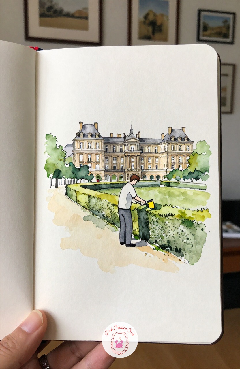 Gardener Trimming Hedges in the Luxembourg — Step back outdoors for a gardener trimming a neat hedge row in a formal garden. Paris sketchbook