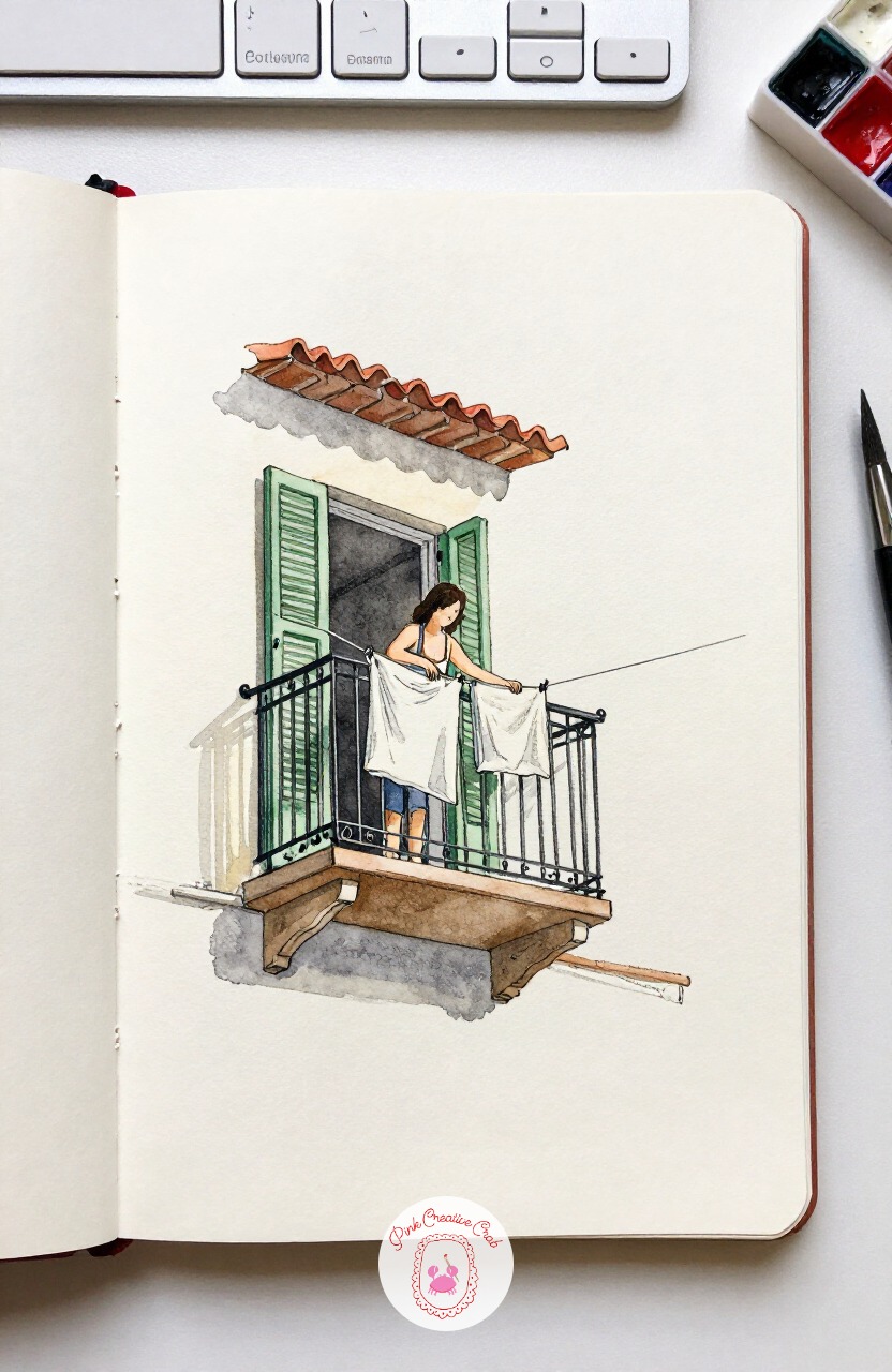 Woman Hanging Laundry From a Balcony — Look up for once at a woman leaning out from a small wrought iron balcony, hanging a line of washing. Paris sketchbook