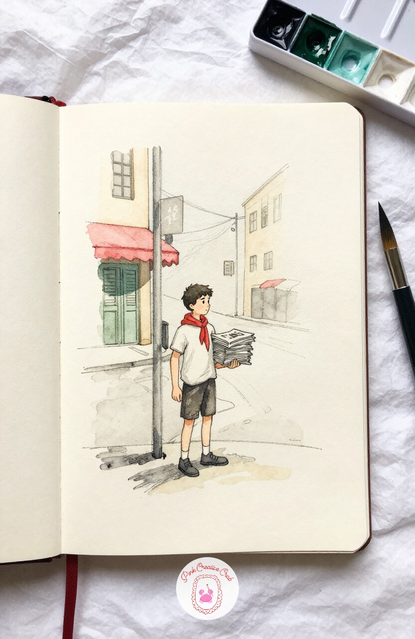 Boy Selling Newspapers on a Corner — Bring back a quieter, old fashioned moment with a boy standing on a street corner, a stack of newspapers under one arm.