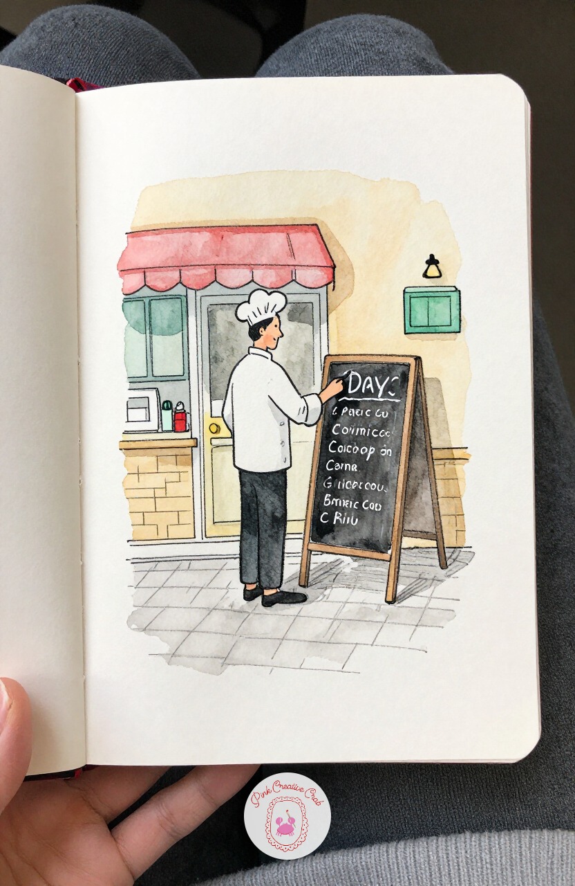Chef Setting a Chalkboard Menu — Return to the cafe once more for a chef stepping outside to chalk the day's menu onto a small board. Paris sketchbook