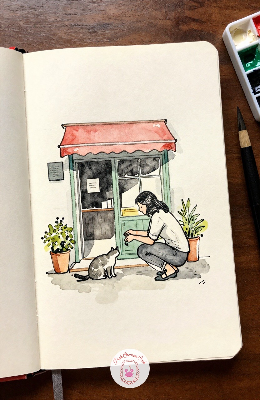 Woman Feeding a Cat Outside a Bistro — Soften things again with a woman crouched low, offering a scrap of food to a stray cat outside a bistro door. Paris