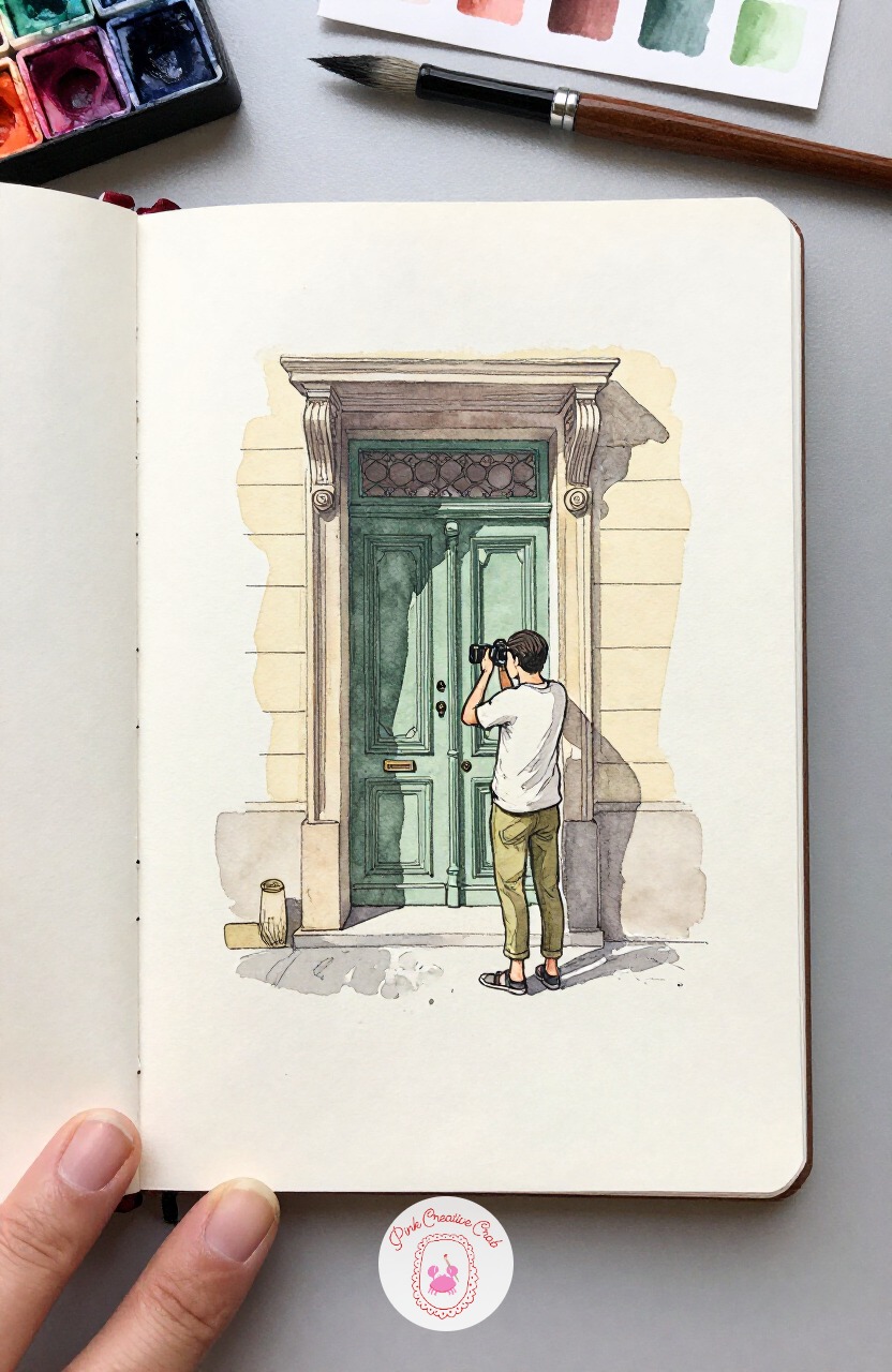 Tourist Photographing a Doorway — Add a bit of humor with a tourist backing into the street to fit an ornate doorway into one photograph, camera raised. Paris