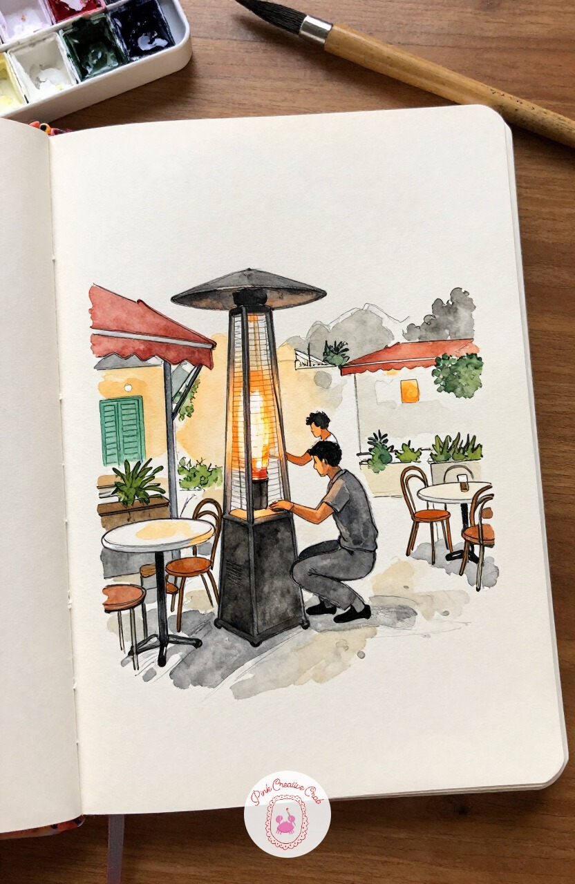 Waiter Lighting Outdoor Heaters at Dusk — Move into evening with a waiter crouched to light a tall outdoor heater as dusk settles over the tables. Paris