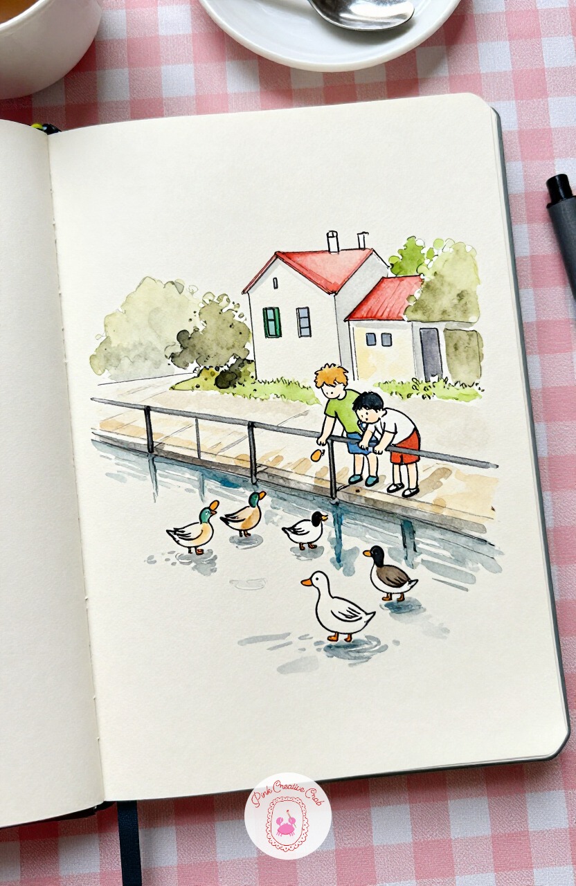 Children Feeding Ducks by the Canal — Head toward the canal for two children leaning over a railing, tossing bread to ducks below. Paris sketchbook