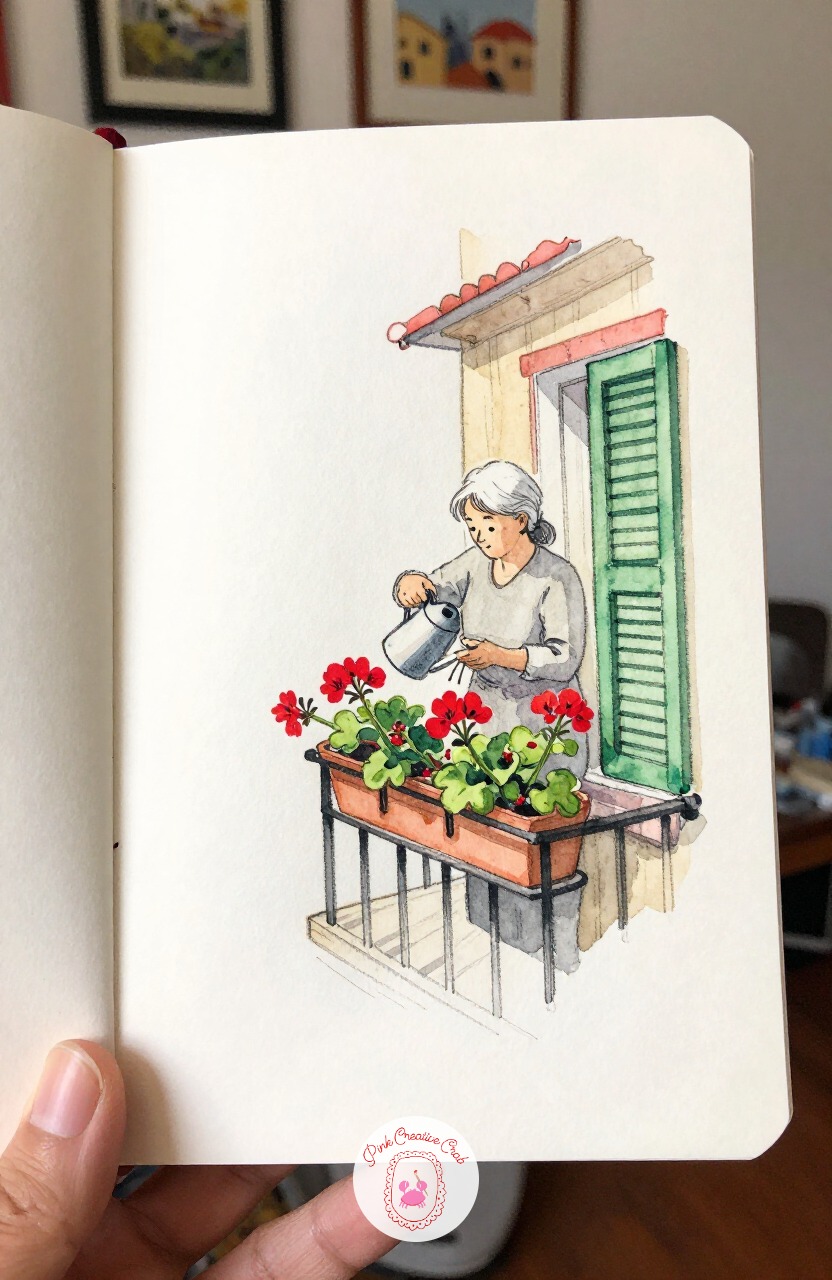 Elderly Woman Watering Balcony Geraniums — Return upward for an elderly woman tending bright red geraniums in boxes along her balcony rail. Paris sketchbook