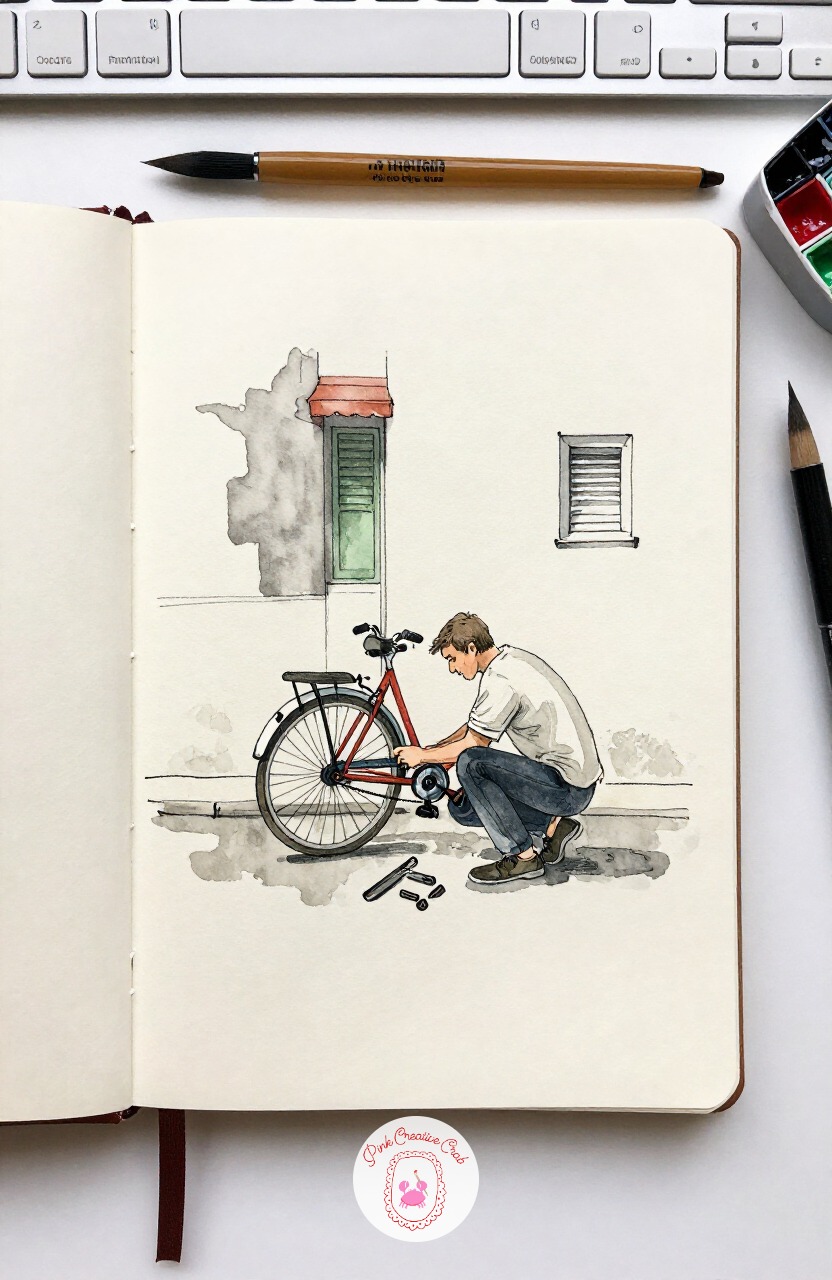 Man Repairing a Bicycle on the Sidewalk — Bring in some mechanical detail with a man crouched over an upturned bicycle, tools spread on the sidewalk beside