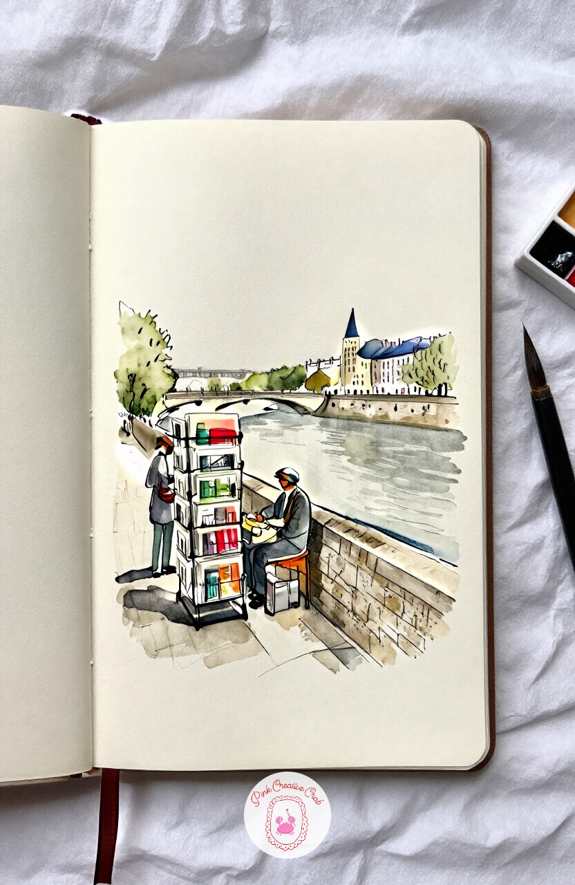 Vendor Selling Postcards Along the River Wall — Settle near the Seine once more for a postcard vendor arranging racks along the stone river wall. Paris