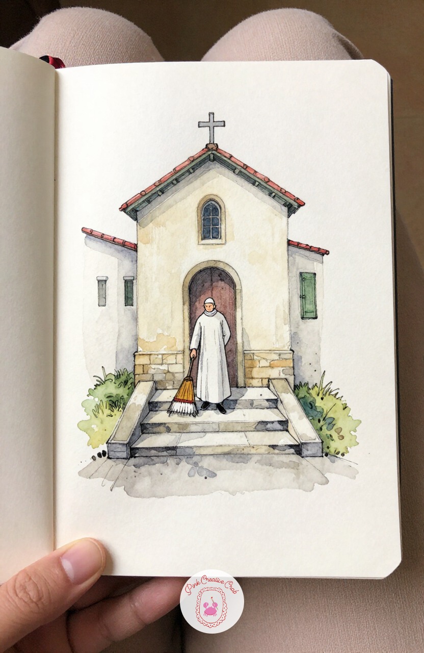Priest Sweeping Steps of a Small Chapel — Slow the whole sketchbook down for a closing scene: a priest sweeping the worn stone steps of a small neighborhood