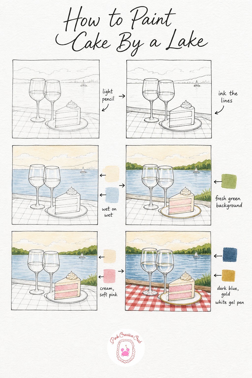 Two Glasses And Cake By A Lake — Lay out a calm lake line low on the page with two glasses and a little iced cake sitting close to the water's edge. Picnic