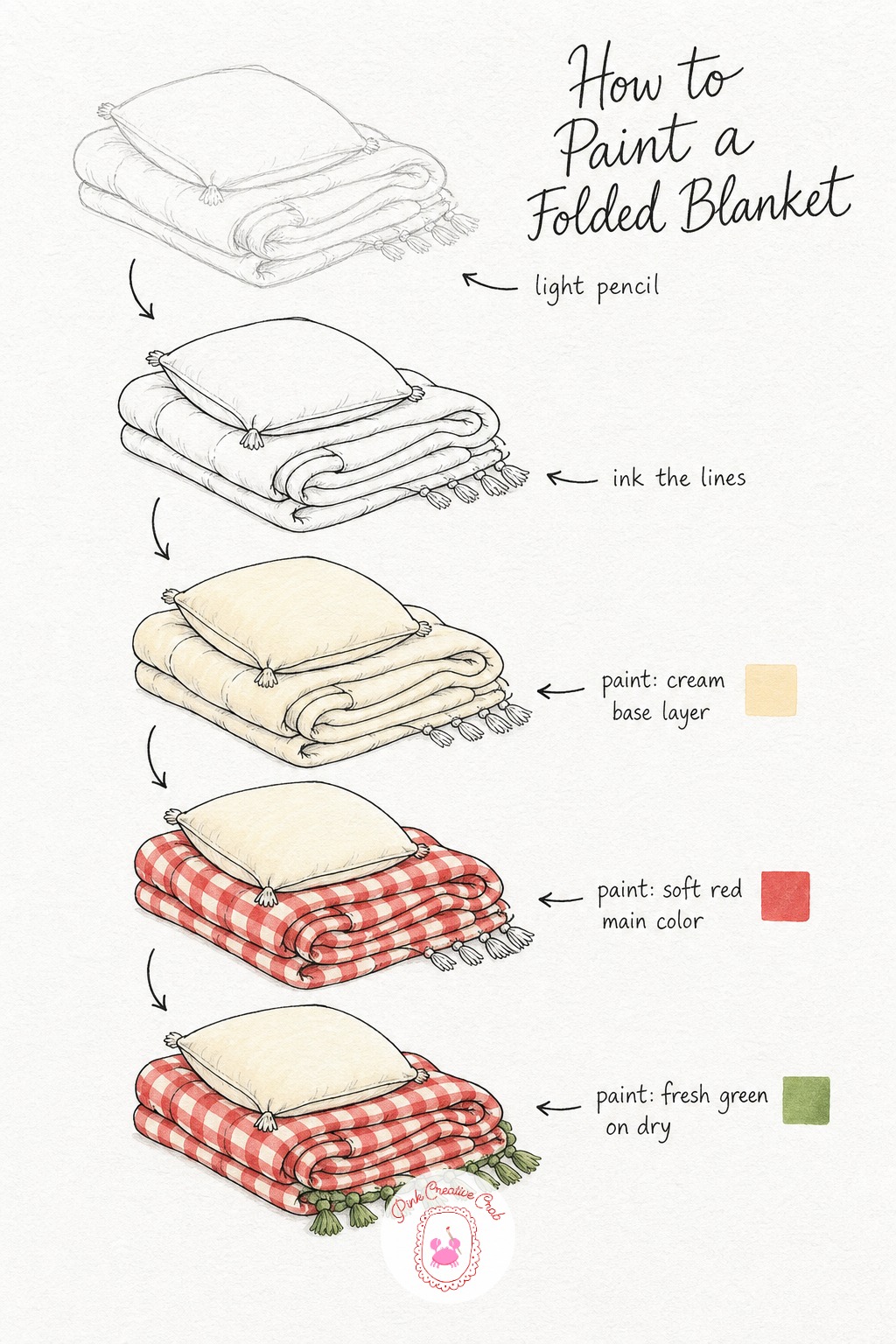 Woven Blanket Folded With Pillow — Draw the blanket in loose folds rather than flat, with a small pillow resting on top as if someone just stepped away. Picnic