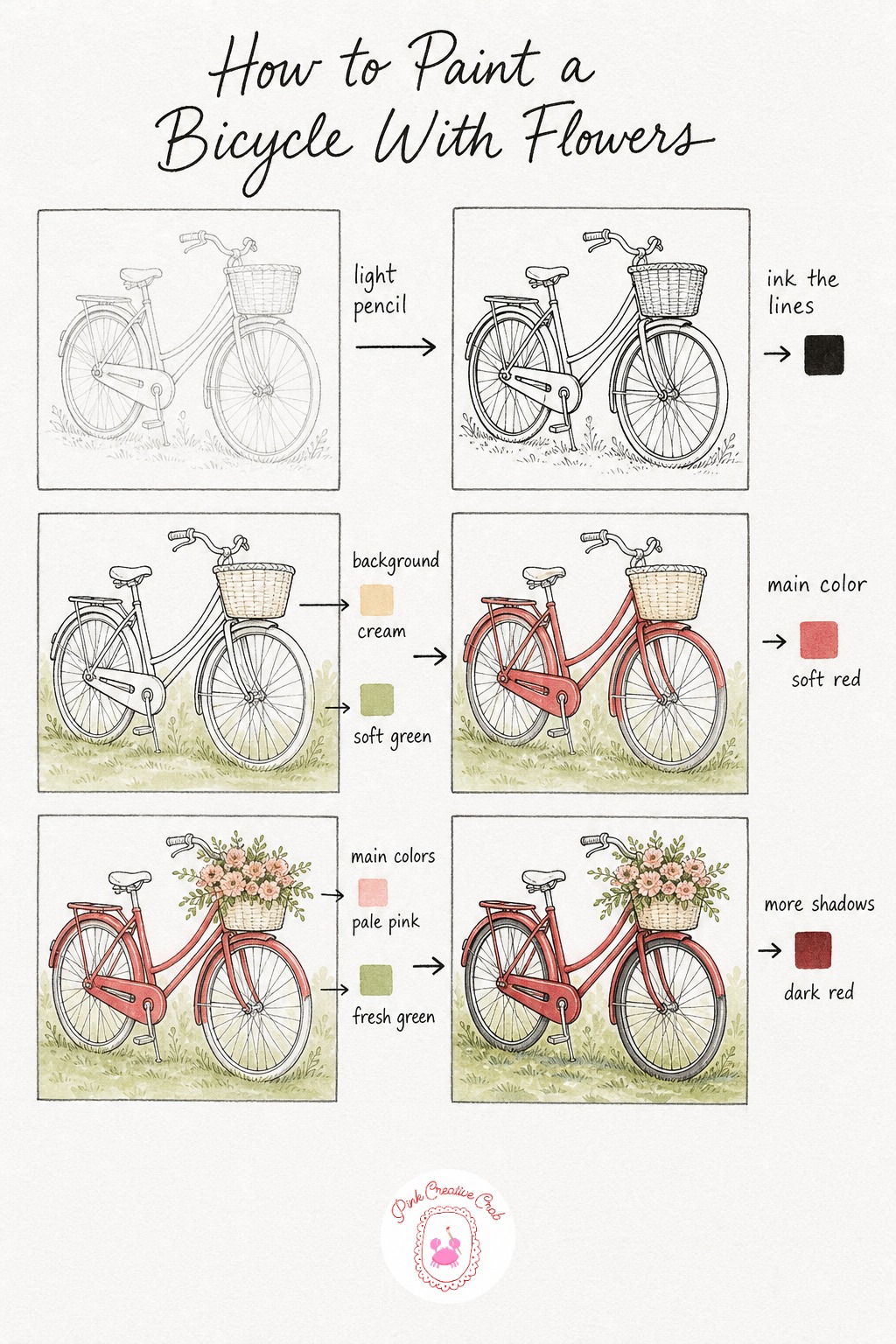 Vintage Bicycle With Flower Basket — Draw a simple vintage bicycle leaning gently to one side, with a round woven basket mounted on the front filled loosely